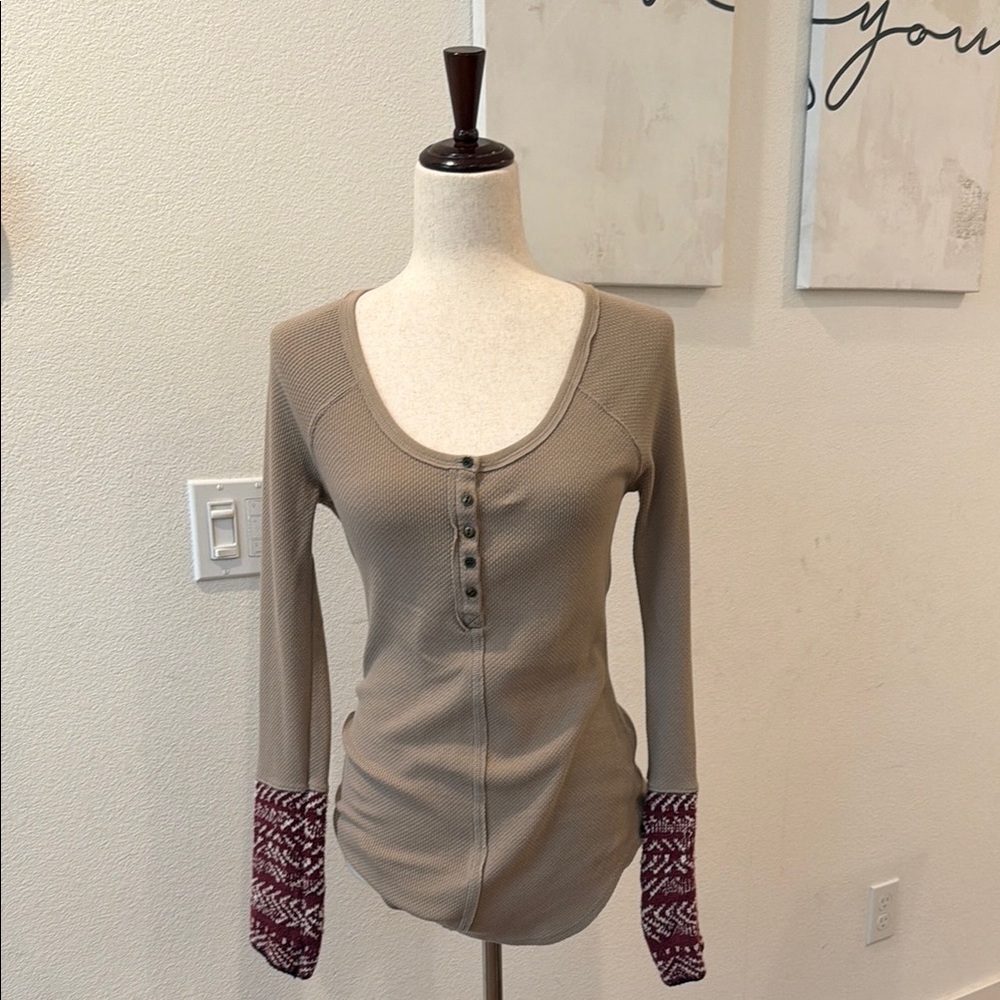 Free People Taupe Henley Long Sleeve Top with Burgundy Patterned Cuffs